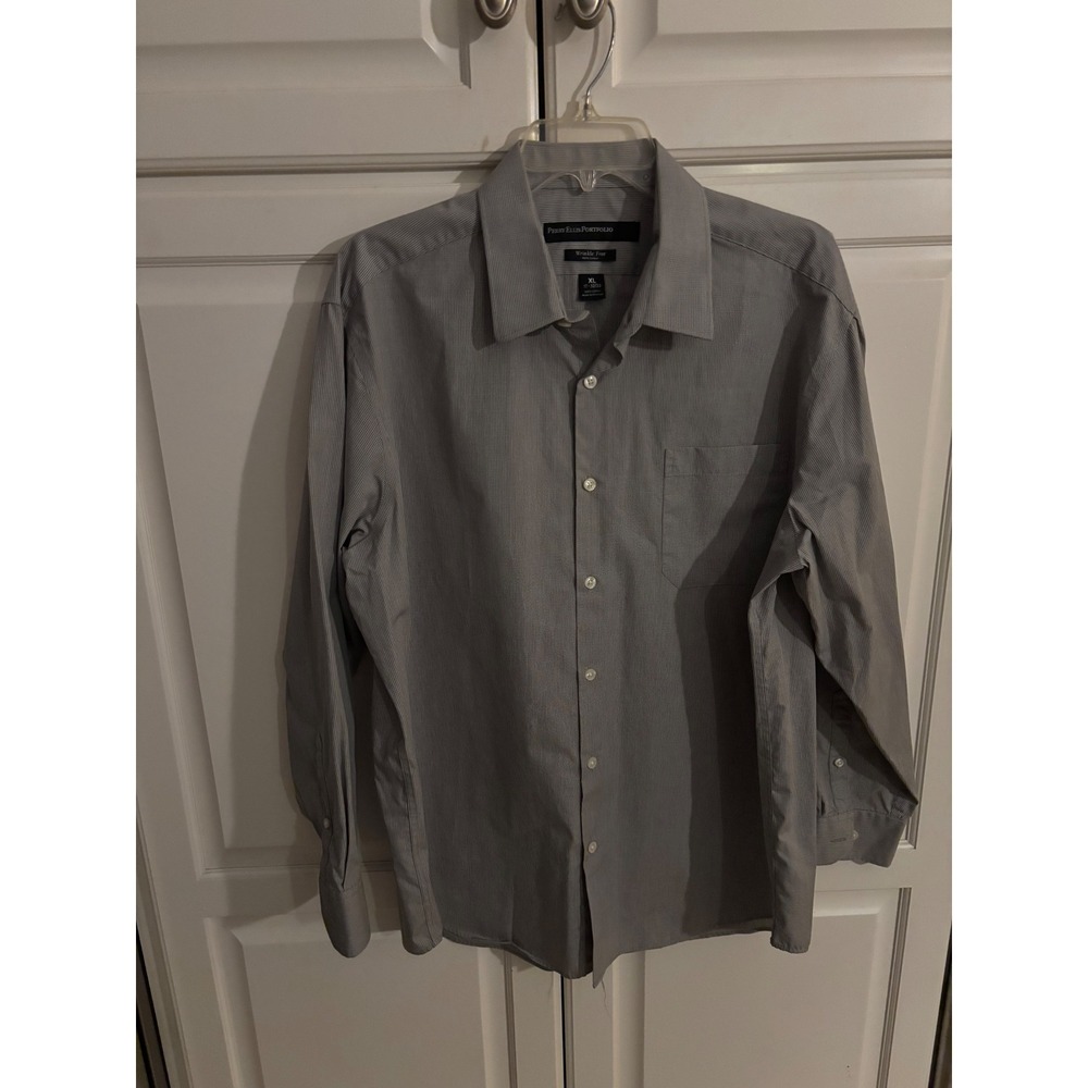 Perry Ellis Portfolio Mens XL Wrinkle Free Dress Shirt Grey Pinstripe 17 32 33